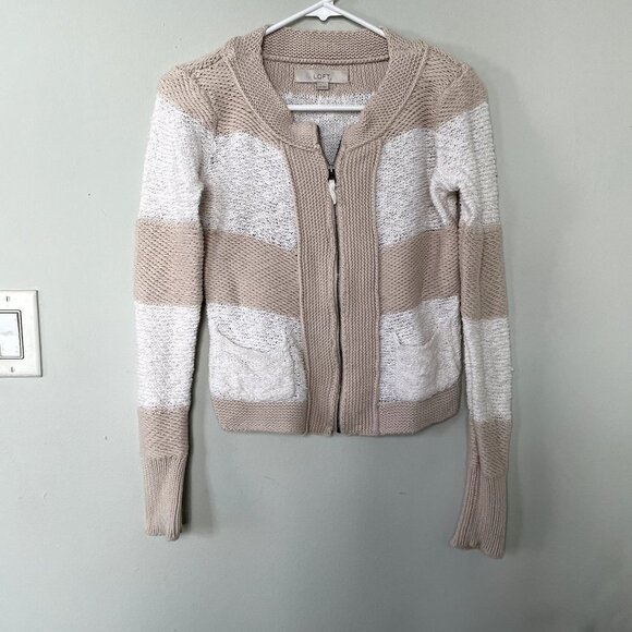 LOFT Sweaters - LOFT beige white knit full zip jacket sweater vintage style cotton linen size XS